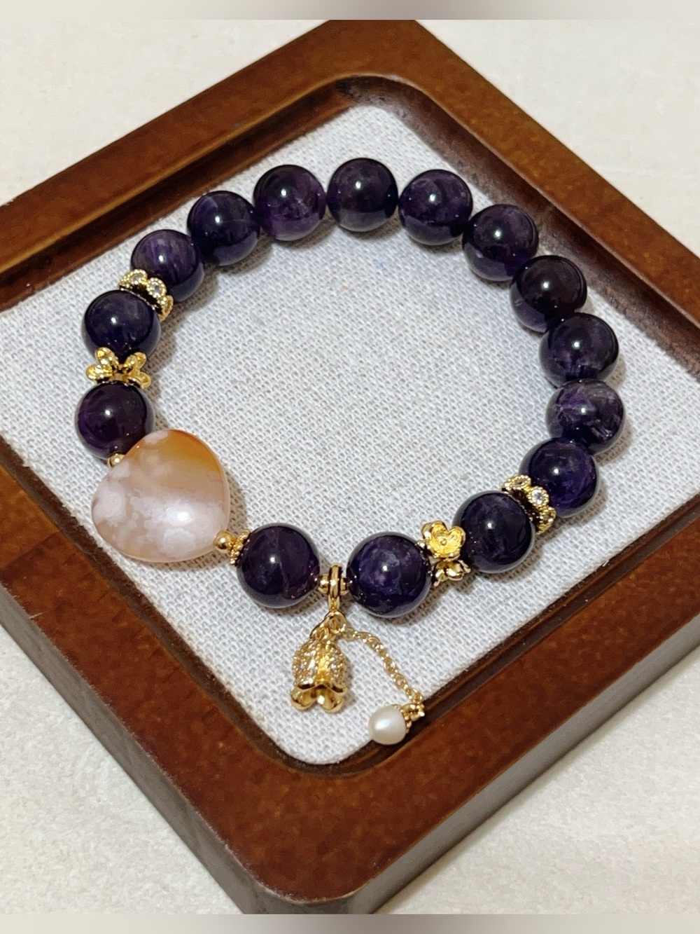 Handmade Purple Amethyst bead｜Sakura Heart charm Rose Pearl Dangle Bracelet 11mm